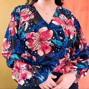 SHEER TROPICAL WRAP TOP RUFFLED SLEEVES